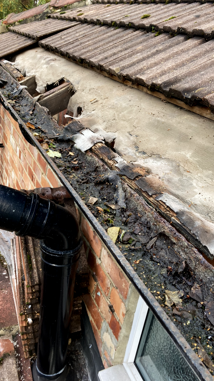Roofing repair job in Northallerton showing rotten underfelt & wood
